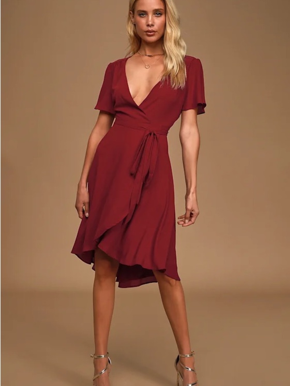 Lulu's Wine Red Wrap Dress with Tie Waist